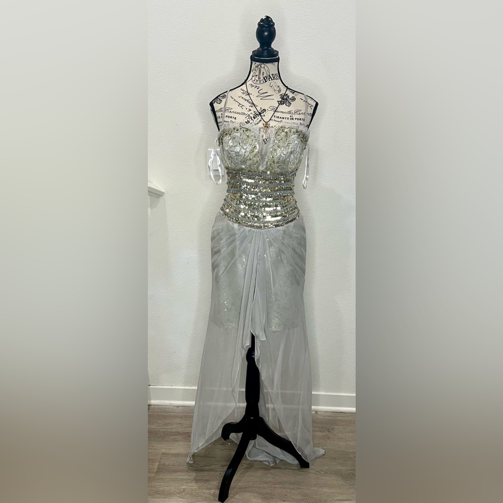 Silver Sequin Strapless Gown